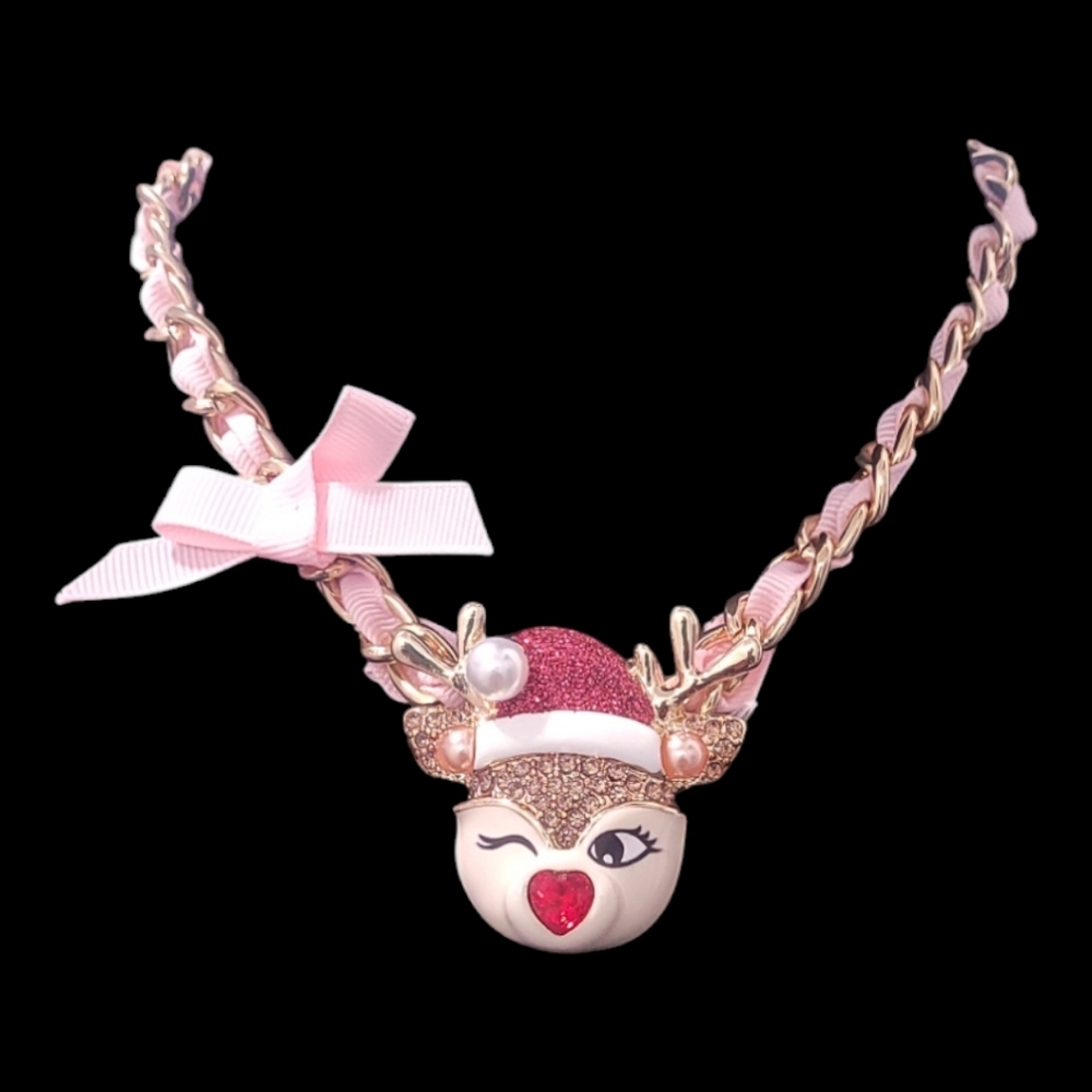 Betsey Johnson Faux Stone Jingle Bell Bling Christmas  Reindeer Necklace - Picture 2 of 9